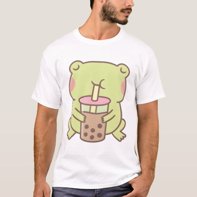 Cute Frog Drinking Boba Bubble Tea  T-Shirt (Front)