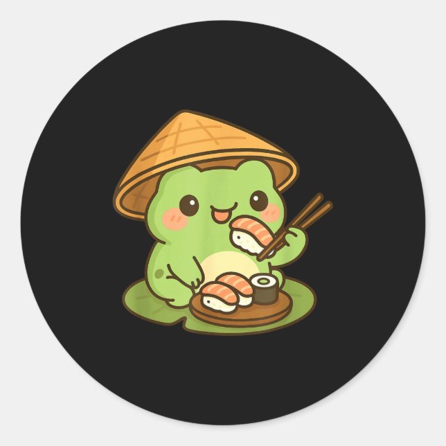 Cute Frog Eating Sushi Anime Japanese Men Women Ki Classic Round Sticker (Front)