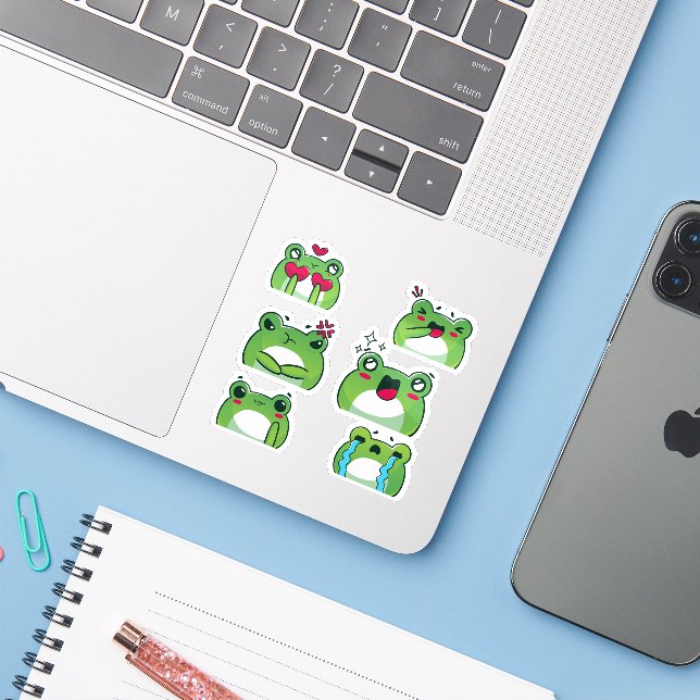 Cute Frog Emoji Reaction Faces Vinyl Sticker Set (Laptop w/ iPhone)