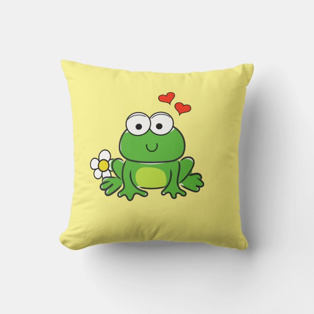 Cute Frog Flower and Hearts Yellow Throw Pillow (Front)