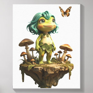 Cute Frog Girl Among Mushrooms with Butterfly Canvas Photo Tile