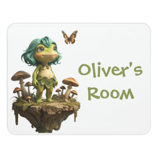 Cute Frog Girl Among Mushrooms with Butterfly Door Sign