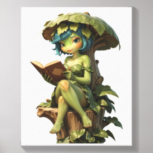 Cute Frog Girl Reading Book Under Leaf Canvas Photo Tile