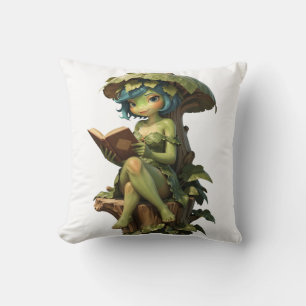 Cute Frog Girl Reading Book Under Leaf Throw Pillow