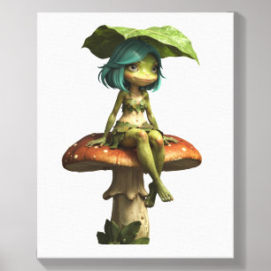 Cute Frog Girl Sitting on Mushroom Canvas Photo Tile