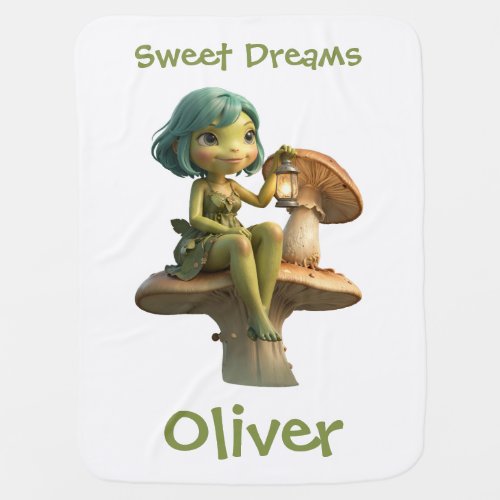 Cute Frog Girl with Lantern on Mushroom Baby Blanket