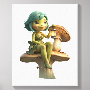 Cute Frog Girl with Lantern on Mushroom Canvas Photo Tile