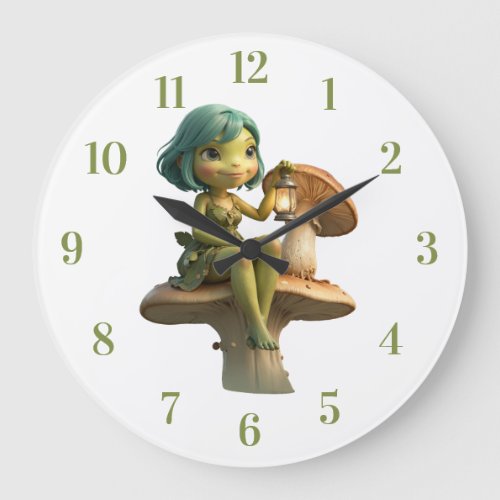 Cute Frog Girl with Lantern on Mushroom Large Clock