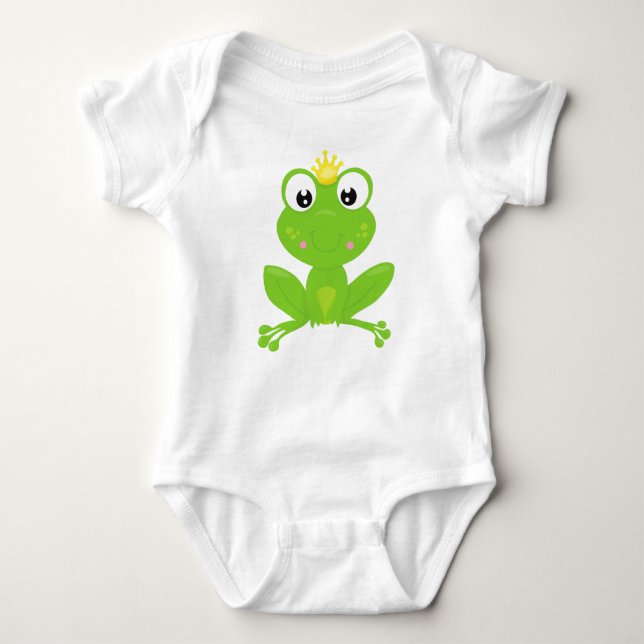 Cute Frog, Green Frog, Crown, Frog Prince Baby Bodysuit (Front)