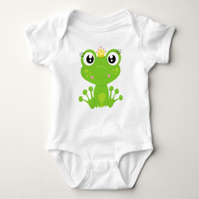 Cute Frog, Green Frog, Frog Princess, Crown Baby Bodysuit (Front)