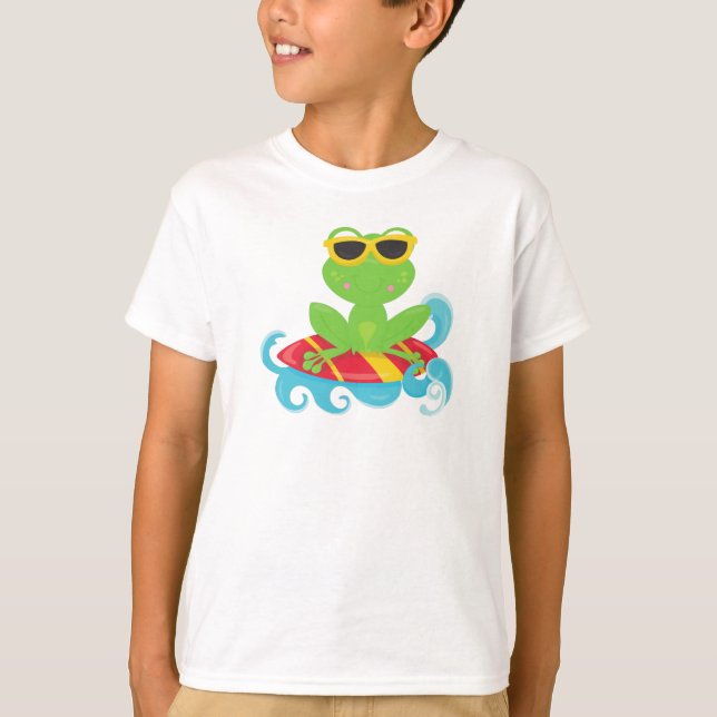 Cute Frog, Green Frog, Little Frog, Surfing Board T-Shirt (Front)
