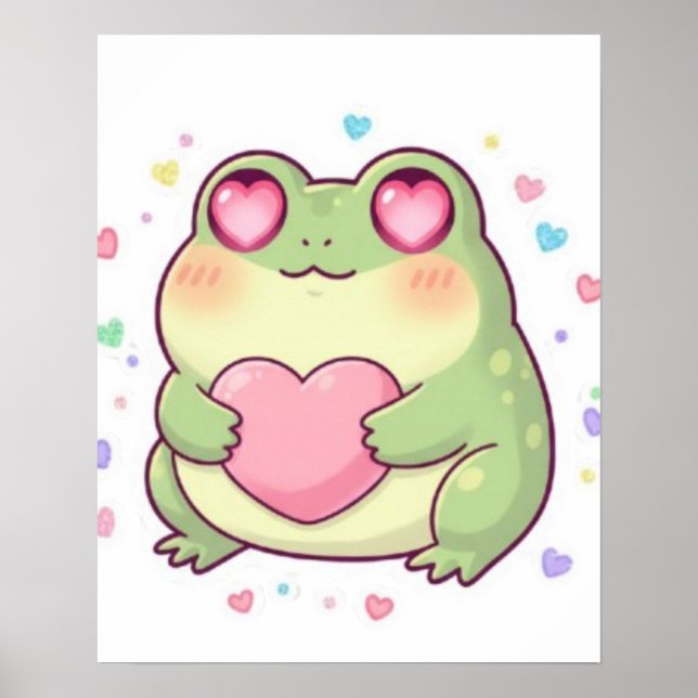 Cute Frog Holding Heart Poster Kawaii Frog Aesthet (Front)