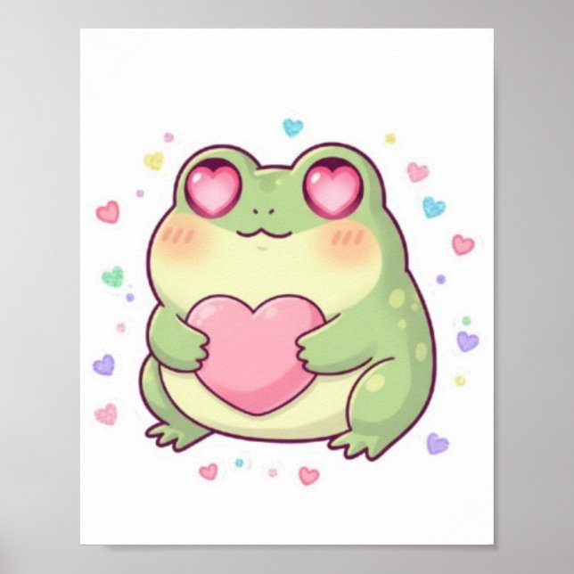 Cute Frog Holding Heart Poster Kawaii Frog Aesthet (Front)