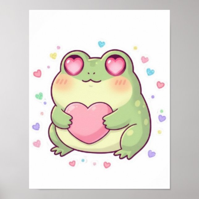 Cute Frog Holding Heart Poster Kawaii Frog Aesthet (Front)