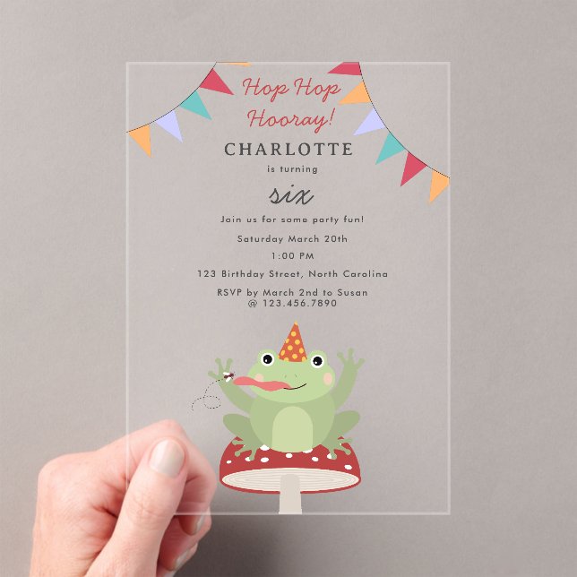 Cute Frog Hop Hop Hooray Mushroom Plaid Birthday Acrylic Invitations (Insitu (Handheld))