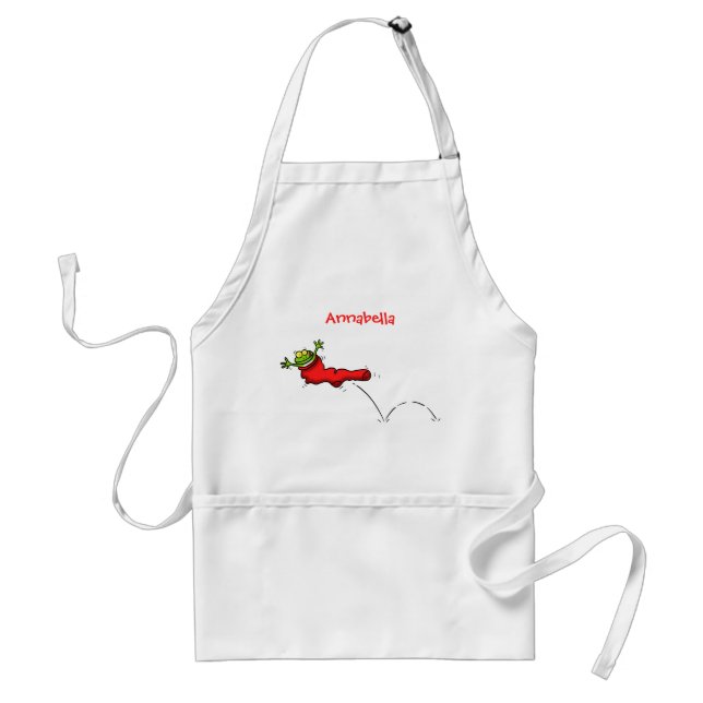 Cute frog in a red sock jumping cartoon adult apron (Front)