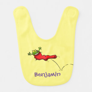 Cute frog in a red sock jumping cartoon baby bib