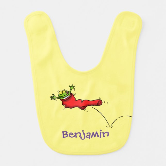 Cute frog in a red sock jumping cartoon baby bib (Front)