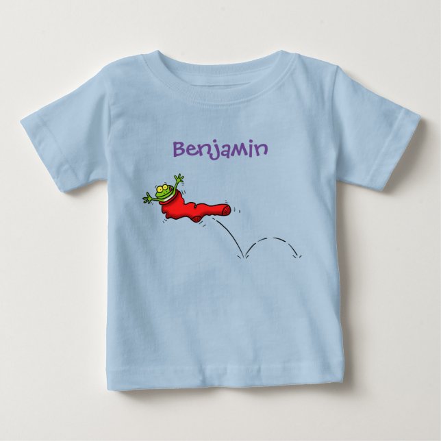 Cute frog in a red sock jumping cartoon baby T-Shirt (Front)