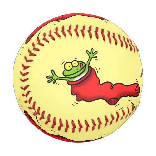Cute frog in a red sock jumping cartoon baseball
