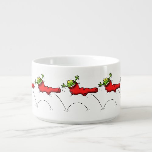 Cute frog in a red sock jumping cartoon bowl