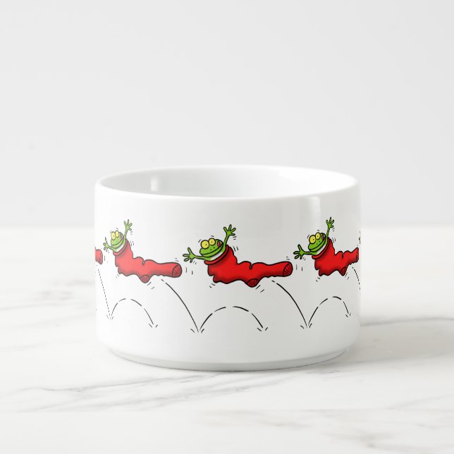 Cute frog in a red sock jumping cartoon bowl (Center)