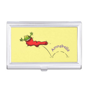 Cute frog in a red sock jumping cartoon business card case