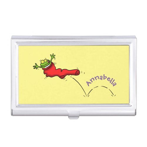Cute frog in a red sock jumping cartoon business card case