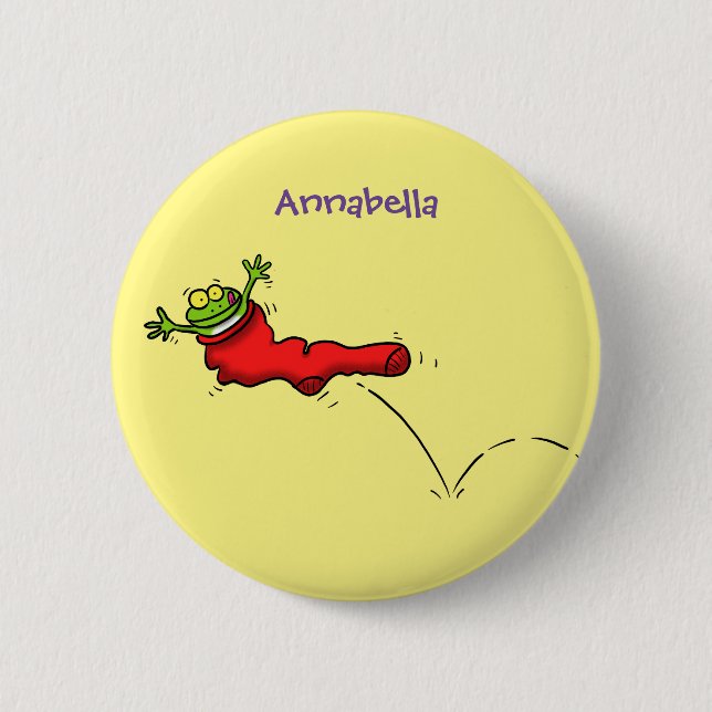 Cute frog in a red sock jumping cartoon button (Front)