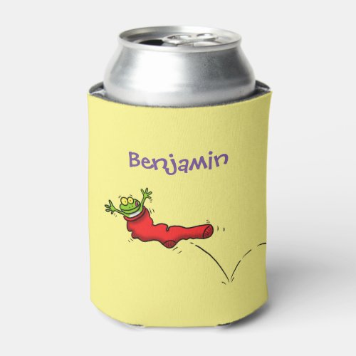 Cute frog in a red sock jumping cartoon can cooler