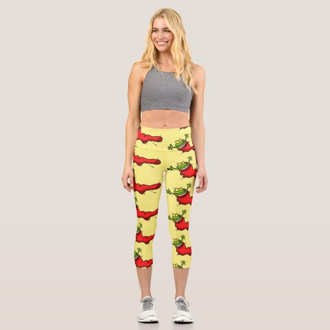 Cute frog in a red sock jumping cartoon capri leggings (Front)