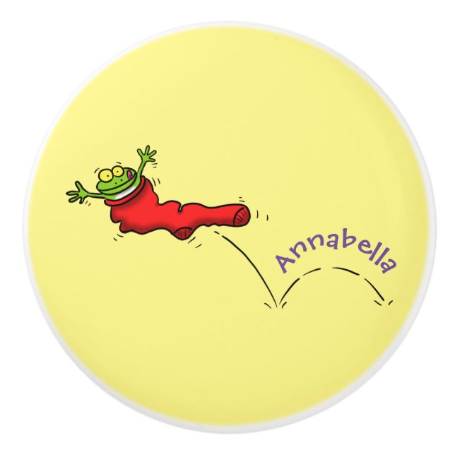 Cute frog in a red sock jumping cartoon ceramic knob (Front)