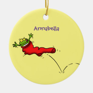 Cute frog in a red sock jumping cartoon ceramic ornament
