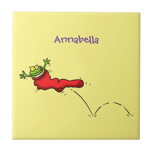 Cute frog in a red sock jumping cartoon ceramic tile