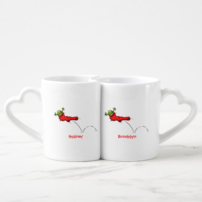 Cute frog in a red sock jumping cartoon coffee mug set (Back Nesting)