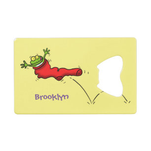 Cute frog in a red sock jumping cartoon credit card bottle opener