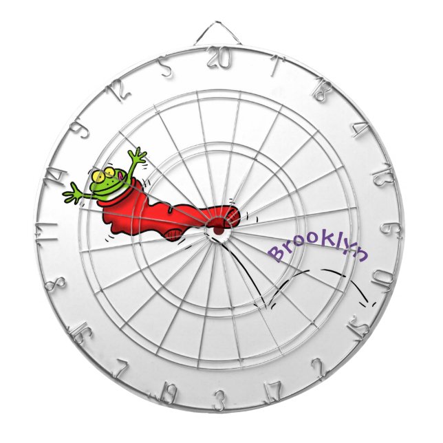 Cute frog in a red sock jumping cartoon dart board (Front)