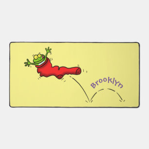 Cute frog in a red sock jumping cartoon desk mat