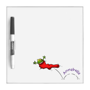 Cute frog in a red sock jumping cartoon dry erase board