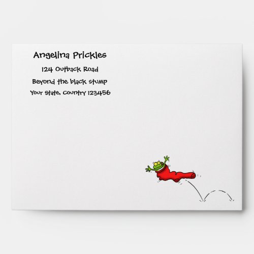 Cute frog in a red sock jumping cartoon envelope