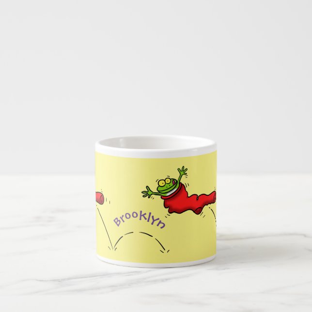 Cute frog in a red sock jumping cartoon espresso cup (Front)