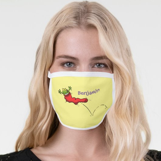 Cute frog in a red sock jumping cartoon face mask (Worn Her)