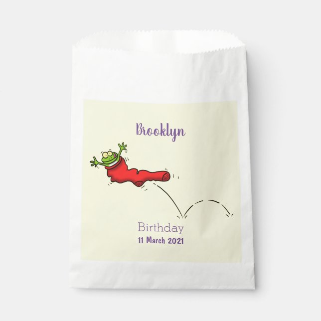 Cute frog in a red sock jumping cartoon favor bag (Front)