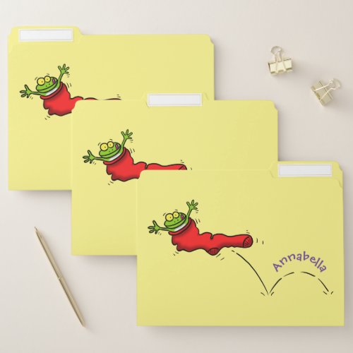 Cute frog in a red sock jumping cartoon file folder