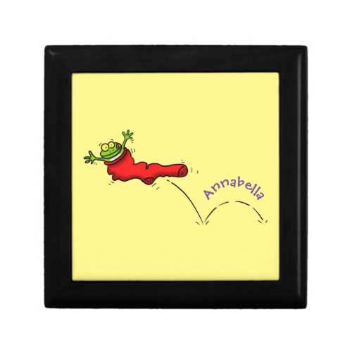 Cute frog in a red sock jumping cartoon gift box