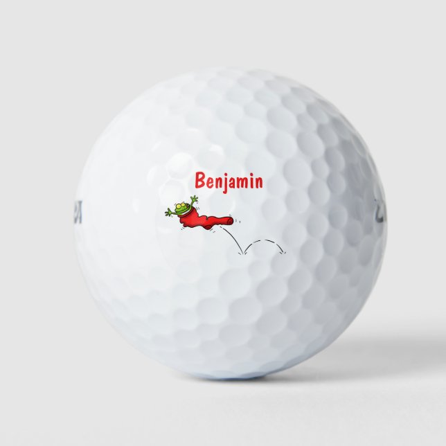 Cute frog in a red sock jumping cartoon golf balls (Front)