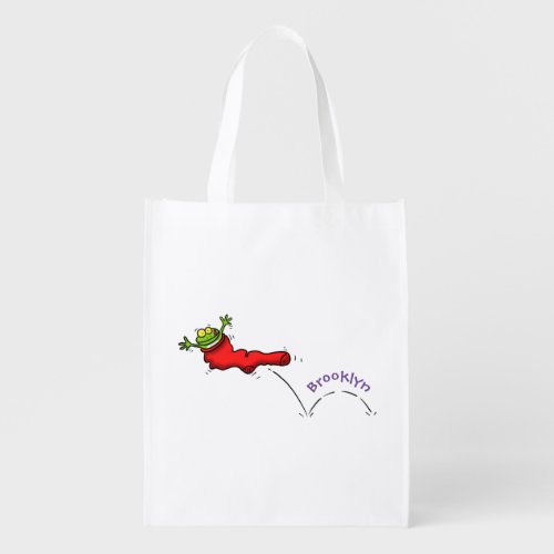 Cute frog in a red sock jumping cartoon grocery bag