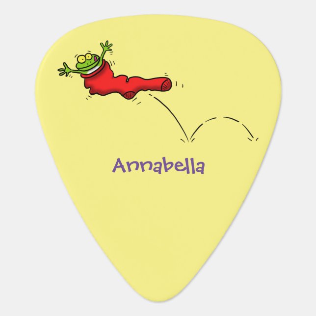 Cute frog in a red sock jumping cartoon guitar pick (Front)