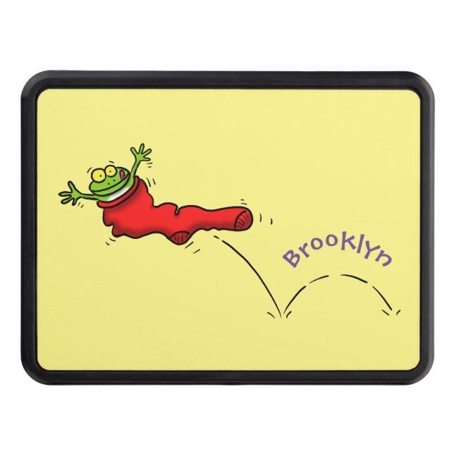 Cute frog in a red sock jumping cartoon hitch cover (Front)