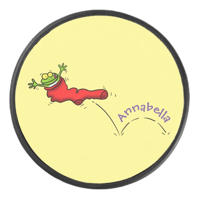 Cute frog in a red sock jumping cartoon hockey puck (Front)